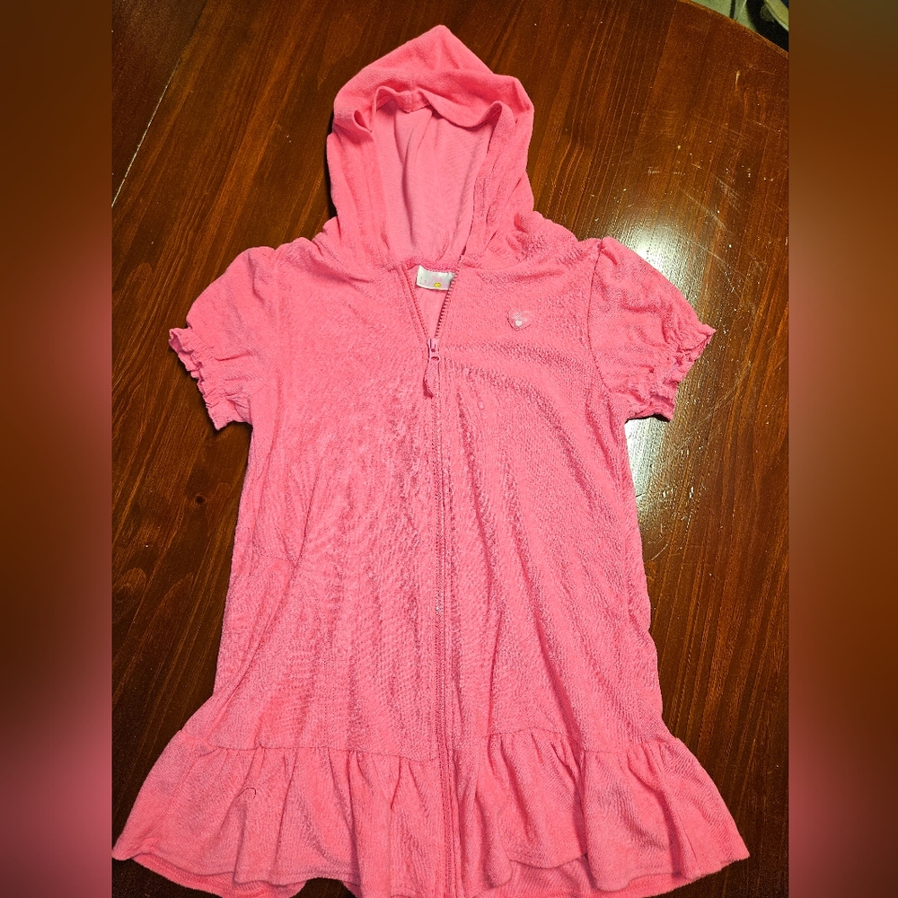 Pink Hooded Swim Coverup with Ruffled Hem